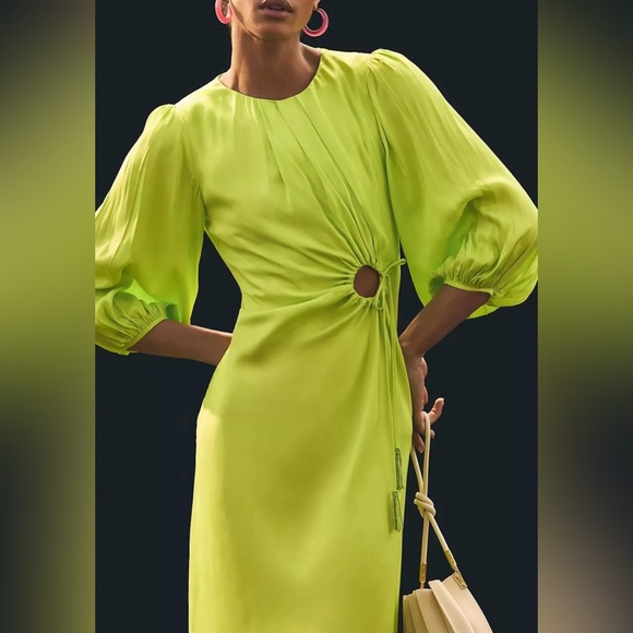 New Farm Rio LIME GREEN CUTOUT TIE RUCHED MIDI DRESS Size L - Picture 3 of 12